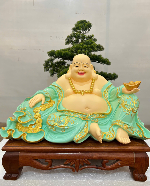 Di Lặc Bao Tiền cao 25cm ngang 45cm sơn xanh